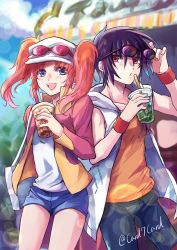 Rule 34 | 1girl, :d, baseball cap, black hair, black pants, blue eyes, blue shorts, blurry, blurry background, blush, casual, collarbone, couple, day, denim, denim shorts, drinking straw, eyewear on headwear, floating hair, gundam, gundam seed, gundam seed destiny, hat, highres, holding, hood, hood down, hooded jacket, jacket, lens flare, long hair, long sleeves, looking at viewer, meyrin hawke, open clothes, open jacket, open mouth, orange shirt, outdoors, pants, red eyes, red hair, shinn asuka, shirt, short shorts, shorts, sleeveless, sleeveless jacket, sleeveless shirt, smile, sunglasses, twintails, twitter username, white headwear, white jacket, white shirt, wristband, yuuka seisen