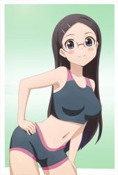 Rule 34 | 1girl, bike shorts, black hair, black shorts, black sports bra, blue eyes, blush, border, breasts, closed mouth, glasses, gradient background, green background, hair ornament, hairclip, hand on own hip, highres, large breasts, long hair, looking at viewer, navel, saitou kaede (yama no susume), shorts, simple background, smile, solo, sports bra, white border, yama no susume, zeelch