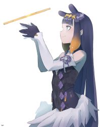 Rule 34 | 1girl, absurdres, black gloves, blunt bangs, breasts, detached sleeves, gloves, hands up, highres, hololive, hololive english, knot, long hair, low wings, ninomae ina&#039;nis, ninomae ina&#039;nis (1st costume), object request, pointy ears, purple eyes, purple hair, sidelocks, simple background, small breasts, smile, solo, tentacle hair, very long hair, virtual youtuber, white background, white wings, wings, zaniaii