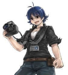 Rule 34 | 1girl, absurdres, antenna hair, belt, black shirt, blue hair, blue pants, breasts, brown belt, brown eyes, buttons, camera, camera around neck, cleavage, clenched hand, collarbone, cowboy shot, hand up, hayasaka sora, highres, hold111, holding, holding camera, id card, idolmaster, idolmaster million live!, looking ahead, open collar, open mouth, pants, shirt, short hair, sleeves rolled up, small breasts, smile, solo, white background