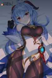 Rule 34 | 1girl, absurdres, ahoge, bare shoulders, bed sheet, bell, black gloves, blue hair, breasts, brown leotard, brown pantyhose, cowbell, detached sleeves, ganyu (genshin impact), genshin impact, gloves, goat horns, gold trim, hand up, highres, horns, leotard, lo xueming, long hair, long sleeves, looking at viewer, low ponytail, lying, medium breasts, on back, pantyhose, parted lips, pelvic curtain, red eyes, solo, waist cape