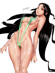 Rule 34 | 1girl, arched back, black hair, breasts, brown eyes, cameltoe, cleavage, commentary, covered erect nipples, eyebrows, forehead, gluteal fold, highres, hip bones, lips, long hair, medium breasts, navel, original, parted bangs, saejin oh, shiny skin, slingshot swimsuit, solo, strap gap, swimsuit