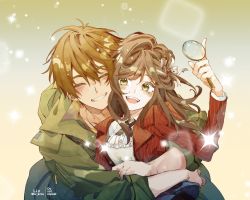 Rule 34 | 1boy, 1girl, :d, artist name, brown hair, green eyes, green jacket, grin, hair ornament, highres, holding, holding magnifying glass, hug, jacket, liv livvu, long hair, long sleeves, luke pearce (tears of themis), magnifying glass, open mouth, polo shirt, red jacket, rosa (tears of themis), shirt, short hair, smile, tears of themis, white shirt