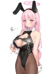 Rule 34 | 1girl, animal ears, bare arms, bare shoulders, black leotard, blue archive, bow, bowtie, breasts, brown pantyhose, cleavage, cleavage cutout, clothing cutout, covered navel, cowboy shot, eimi (blue archive), fake animal ears, hairband, halo, hand up, highleg, highleg leotard, impossible clothes, impossible leotard, large breasts, leotard, long hair, looking at viewer, pantyhose, parted lips, pink hair, playboy bunny, popqn, purple eyes, rabbit ears, solo, sweatdrop, unzipping, wing collar, wrist cuffs, zipper, zipper pull tab
