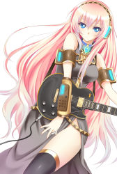 Rule 34 | 1girl, absurdres, aqua eyes, armband, asymmetrical sleeves, bare shoulders, belt, black skirt, black thighhighs, blue gemstone, blush, breasts, brooch, detached sleeves, electric guitar, female focus, gem, guitar, headphones, highres, holding, holding instrument, instrument, jewelry, long hair, long skirt, looking at viewer, megurine luka, nail polish, pink hair, shiny clothes, side slit, single sleeve, skirt, sleeveless, sleeveless turtleneck, solo, thighhighs, turtleneck, uneven sleeves, very long hair, violetshit, vocaloid, yellow detached sleeves
