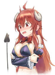 Rule 34 | 1girl, arms under breasts, bare shoulders, black sleeves, blush, bow, breast hold, breasts, brown hair, cleavage, cropped torso, curled horns, demon girl, demon horns, demon tail, detached sleeves, fang, hair between eyes, highres, horns, juliet sleeves, long hair, long sleeves, looking away, machikado mazoku, medium breasts, mikazuchi zeus, navel, nose blush, open mouth, puffy sleeves, red bow, red eyes, simple background, solo, sweat, tail, tail raised, upper body, very long hair, white background, yoshida yuuko (machikado mazoku)