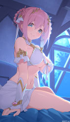 Rule 34 | 1girl, bare shoulders, blue eyes, blush, braid, braided hair rings, breasts, bridal gauntlets, cleavage, closed mouth, criss-cross halter, detached sleeves, fingerless gloves, from side, gloves, hair ornament, hair rings, halterneck, highres, indoors, jewelry, large breasts, looking at viewer, mizuki makoto, navel, night, official alternate costume, on bed, pink hair, princess connect!, revealing clothes, short hair, sitting, skirt, smile, solo, underboob, white gloves, window, yui (ceremonial) (princess connect!), yui (princess connect!)