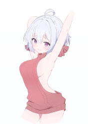 1girl :&gt; absurdres ahoge arm_behind_head armpits backless_outfit blush breasts closed_mouth cropped_arm eyebrows_hidden_by_hair gmkz_kawaii hair_between_eyes highres large_breasts meme_attire purple_eyes red_sweater senki_zesshou_symphogear short_hair simple_background solo sweater virgin_killer_sweater white_background white_hair yukine_chris