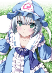 Rule 34 | 1girl, aqua eyes, arm support, blue bow, blue dress, blue hat, blunt bangs, blush, bow, breasts, center frills, closed mouth, collarbone, cosplay, cowboy shot, downblouse, dress, emblem, eyebrows, eyes visible through hair, field, flower, frilled dress, frills, from above, grass, happy, hat, hitodama, konpaku youmu, konpaku youmu (ghost), light smile, long sleeves, looking at viewer, mat, mob cap, no bra, nori tamago, on ground, outdoors, ribbon, ribbon trim, saigyouji yuyuko, saigyouji yuyuko (cosplay), sash, short hair, silver hair, sitting, small breasts, smile, solo, touhou, triangular headpiece, veil, wide sleeves