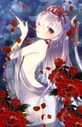 Rule 34 | 1girl, amatsukaze (kancolle), ass, earrings, flower, hair between eyes, hair flower, hair ornament, holding, holding smoking pipe, horns, jewelry, kantai collection, kiseru, long hair, looking at viewer, multicolored eyes, nail polish, one eye closed, orange eyes, petals, pipe in mouth, purple eyes, red flower, red nails, smoking pipe, solo, tahya, twintails, two side up, very long hair, white hair, yellow eyes