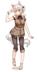 Rule 34 | 1girl, amonitto, animal ears, belt, blouse, bow, bowtie, bracelet, denim, dog ears, dog tail, full body, glasses, hair between eyes, jeans, jewelry, long hair, looking away, looking to the side, orange eyes, original, pants, pants rolled up, ponytail, scrunchie, shading eyes, shadow, shirt, short sleeves, simple background, solo, standing, strappy heels, tail, white background, white hair