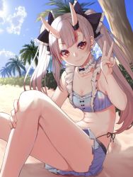 Rule 34 | alternate hairstyle, beach, breasts, cleavage, closed mouth, commentary request, earrings, highres, hololive, horns, jewelry, looking at viewer, mikan (chipstar182), nakiri ayame, nakiri ayame (hololive summer 2019), official alternate costume, palm tree, silver hair, skin-covered horns, sky, small breasts, smile, solo, swimsuit, tree, twintails, v, virtual youtuber