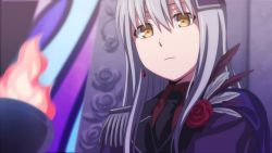 Rule 34 | 1girl, bang dream!, black necktie, corsage, earrings, feathers, fire, flower, frown, grey hair, hair ornament, jewelry, long hair, minato yukina, necktie, rose, solo, torch, un403lucky, yellow eyes