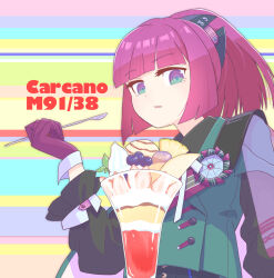 Rule 34 | 1girl, arm up, carcano m91/38 (girls&#039; frontline), character name, eyebrows hidden by hair, girls&#039; frontline, gloves, green eyes, highres, holding, holding spoon, looking at viewer, medium hair, multicolored background, parfait, parted lips, purple eyes, purple gloves, purple hair, solo, spoon, two-tone eyes, upper body, wrist cuffs, zukzuk13