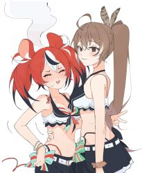 Rule 34 | 2girls, ahoge, animal ears, bikini, black hair, blush, breasts, brown bikini, brown hair, closed eyes, feather hair ornament, feathers, flustered, front-tie bikini top, front-tie top, hair ornament, hakos baelz, hand on another&#039;s hip, highleg, highleg bikini, highres, hikkishi, hololive, hololive english, hololive summer 2023 swimsuit, long hair, medium breasts, mouse ears, mouse girl, mouse tail, multicolored hair, multiple girls, nanashi mumei, ponytail, red bikini, red hair, streaked hair, striped bikini, striped clothes, swimsuit, tail, v, virtual youtuber, white hair