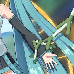 Rule 34 | 1girl, aqua hair, aqua nails, artist logo, black skirt, black sleeves, chain, chained, close-up, commentary, dated, detached sleeves, digiral, english commentary, exodia the forbidden one, glowing, grey skirt, hatsune miku, highres, long hair, magic circle, miniskirt, nail polish, out of frame, outstretched hand, parody, pleated skirt, shirt, shoulder blush, shoulder tattoo, skindentation, skirt, sleeveless, sleeveless shirt, solo, spring onion, tattoo, very long hair, vocaloid, yu-gi-oh!