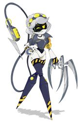Rule 34 | 1girl, absurdres, claws, coat, colored skin, female focus, glitch productions, grey skin, grin, highres, mecha girl, mechanical tail, murder drones, one eye closed, robot girl, shiny skin, short hair, smile, tail, thighhighs, thighs, v (murder drones), weapon, wink, yellow eyes