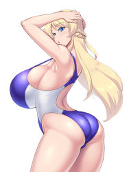 Rule 34 | 1girl, armpits, ass, blonde hair, blue eyes, blue one-piece swimsuit, braid, breasts, competition swimsuit, french braid, huge breasts, irina (kawanuma uotsuri), kawanuma uotsuri, one-piece swimsuit, original, sideboob, simple background, solo, swimsuit, thighs, two-tone swimsuit, white background