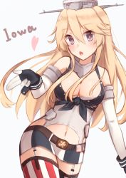 Rule 34 | 10s, 1girl, bad id, bad pixiv id, belt, belt buckle, blonde hair, blue eyes, breasts, buckle, cleavage, fingerless gloves, front-tie top, garter straps, gloves, headgear, highres, iowa (kancolle), kantai collection, kapatarou, large breasts, long hair, miniskirt, navel, open mouth, skirt, solo, star (symbol), striped clothes, striped skirt, striped thighhighs, symbol-shaped pupils, thighhighs, vertical-striped clothes, vertical-striped skirt, vertical-striped thighhighs, zettai ryouiki