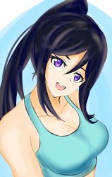 Rule 34 | 1girl, aqua shirt, aqua tank top, artist name, artist request, bare shoulders, blue hair, blush, breasts, cleavage, close-up, collarbone, female focus, hair between eyes, high ponytail, highres, long hair, looking at viewer, love live!, love live! sunshine!!, matsuura kanan, medium breasts, parted lips, ponytail, purple eyes, shirt, smile, solo, upper body