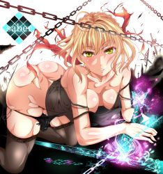 Rule 34 | 10s, 1girl, ahoge, artist request, ass, bad id, bad pixiv id, black panties, blonde hair, blush, body blush, breasts, chain, fate/extra, fate (series), green eyes, lingerie, looking at viewer, medium breasts, nero claudius (fate), nero claudius (fate), nero claudius (fate/extra), panties, ribbon, solo, thighhighs, underwear