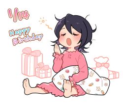 Rule 34 | 1girl, barefoot, bleach, box, closed eyes, dated, full body, gift, gift bag, gift box, happy birthday, holding, holding pillow, kuchiki rukia, lao wen, messy hair, nightgown, open mouth, pillow, pink nightgown, short hair, sitting, solo, squeans, white background, yawning