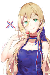 Rule 34 | 1girl, alternate costume, apron, blonde hair, blue apron, blue bow, blue eyes, blush, bow, breasts, closed mouth, food, fruit, hair between eyes, hair bow, hair ornament, highres, kantai collection, large breasts, long hair, looking at viewer, mole, mole under eye, richelieu (kancolle), simple background, smile, solo, strawberry, white background, yamano (yamanoh)
