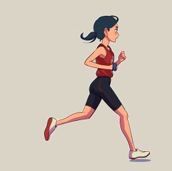 Rule 34 | 1girl, ammonio, blouse, blue hair, from side, full body, grey background, ponytail, red shirt, running, shirt, shoes, shorts, simple background, solo, sweat, sweatdrop, tank top, white shirt