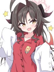 Rule 34 | 1girl, absurdres, blue archive, brown hair, demon girl, demon horns, halo, highres, horns, kasumi (blue archive), lab coat, long hair, looking at viewer, mangyu0111, red shirt, shirt, simple background, solo, white background, yellow eyes