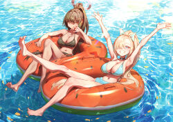 Rule 34 | 2girls, alternate costume, aqua bikini, armpits, arms up, asuna (blue archive), bare legs, barefoot, bikini, black bikini, blue archive, breasts, cleavage, halo, highres, jhigf, karin (blue archive), large breasts, leg up, long hair, looking at viewer, mole, mole on breast, multiple girls, navel, on innertube, outstretched arms, ponytail, sitting, stomach, swimsuit, very long hair
