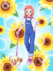 1girl :d absurdres animal bare_shoulders blue_background blush clothing_cutout commentary_request dog flower frilled_sleeves frills green_eyes hair_ornament hand_on_own_hip highres holding holding_leash inukai_iroha inukai_komugi leash looking_at_viewer mameshiba_(pixiv_59310) open_mouth orange_hair overalls pink_footwear precure shirt shoes short_sleeves shoulder_cutout smile sunflower white_shirt wonderful_precure! yellow_flower