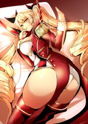 Rule 34 | 1girl, absurdres, agetama, ass, azur lane, bent over, blonde hair, breasts, drill hair, epaulettes, finger to mouth, highres, large breasts, long hair, looking at viewer, lying, nelson (azur lane), on side, orange eyes, red thighhighs, solo, thighhighs, twin drills, very long hair