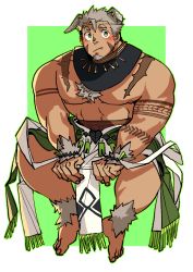 Rule 34 | 1boy, absurdres, animal ears, bara, blush, body fur, chest hair, dog boy, dog ears, facial hair, fang, full body, goatee, gomeisa (live a hero), green eyes, grey hair, highres, large pectorals, live a hero, looking at viewer, male focus, muscular, muscular male, nipples, pectorals, pelvic curtain, short hair, sideburns, sitting, solo, tattoo, topless male, tribal, tribal tattoo, ttn (239 239), v arms
