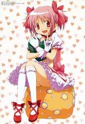 Rule 34 | 10s, 1girl, :d, absurdres, ankle lace-up, bow, choker, cross-laced footwear, dress, gloves, hair bow, heart, heart-shaped pillow, highres, kaname madoka, kneehighs, mahou shoujo madoka magica, mahou shoujo madoka magica (anime), megami magazine, official art, one eye closed, open mouth, pillow, pink eyes, pink hair, puffy sleeves, red eyes, short hair, short twintails, sitting, smile, socks, solo, taniguchi jun&#039;ichirou, twintails, wink