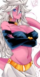 Rule 34 | 1girl, android, android 21, bandeau, black nails, blue eyes, bracelet, breasts, cleavage, closed mouth, colored skin, crossed arms, dragon ball, dragon ball fighterz, earrings, elbow gloves, female focus, gloves, gold bracelet, highres, huge breasts, jewelry, kinakomochi (user vedc2333), long hair, looking to the side, nail polish, navel, pink skin, simple background, solo, standing, stomach, tail, very long hair, white background, white hair