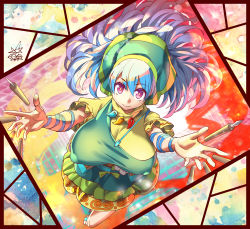 Rule 34 | 1girl, apron, arm ribbon, blue hair, blue ribbon, breasts, closed mouth, covered erect nipples, dress, from above, full body, green apron, green headwear, haniyasushin keiki, head scarf, highres, huge breasts, jewelry, long hair, looking at viewer, magatama, magatama necklace, multicolored background, necklace, pink eyes, ribbon, short sleeves, signature, single strap, smile, solo, standing, touhou, umigarasu (kitsune1963), wood carving tool, yellow dress