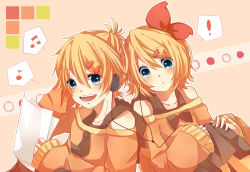 Rule 34 | !, 1boy, 1girl, :d, :o, blonde hair, blue eyes, bow, brother and sister, hair ornament, hairclip, headphones, kagamine len, kagamine rin, looking at viewer, mikan (kuriyu405), musical note, necktie, open mouth, paper, short hair, siblings, smile, twins, vocaloid