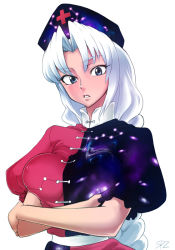 Rule 34 | 1girl, blue eyes, braid, breast lift, breasts squeezed together, breasts, constellation, covered erect nipples, cross, crossed arms, galaxy, hat, large breasts, lips, long hair, nurse cap, red cross, revision, solo, space, spacezin, star (sky), touhou, very long hair, white hair, yagokoro eirin