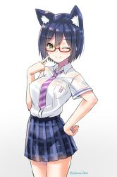 Rule 34 | 1girl, akaza, animal ears, blue hair, blush, breasts, cat ears, commentary, finger to face, glasses, hand on own hip, highres, index finger raised, looking at viewer, medium breasts, nijisanji, one eye closed, pleated skirt, school uniform, shirt, shirt tucked in, shizuka rin, shizuka rin (3rd costume), short hair, short sleeves, skirt, smile, solo, twitter username, virtual youtuber, white background, yellow eyes