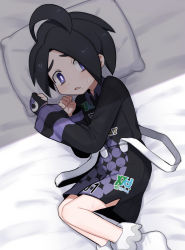 Rule 34 | 1boy, ahoge, allister (pokemon), bed sheet, black hair, blush, bobby socks, bright pupils, collared shirt, commentary request, creatures (company), from above, frown, game freak, gloves, head on pillow, highres, himawari (kawaisounaedesu), long sleeves, male focus, mole, mole under mouth, nintendo, partially fingerless gloves, pokemon, pokemon swsh, purple eyes, raised eyebrows, shirt, shoes, short hair, shorts, single glove, socks, solo, suspender shorts, suspenders, sweat, white pupils, white socks