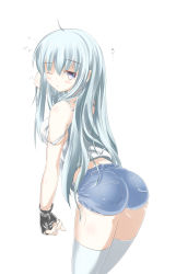 Rule 34 | 1girl, ;&lt;, absurdres, ass, black gloves, fingerless gloves, gloves, grey eyes, highres, jitome, long hair, nao (lead-pencil), one eye closed, original, short shorts, shorts, silver hair, simple background, solo, tank top, thighhighs, translated, white background