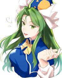 Rule 34 | 1girl, absurdres, blue dress, blue hat, bow, breasts, dress, green eyes, green hair, hand up, hat, heart, highres, jill 07km, long sleeves, looking at viewer, medium breasts, mima (touhou), open mouth, simple background, smile, solo, sun symbol, touhou, touhou (pc-98), white background, white sleeves, yellow bow, yellow neckwear