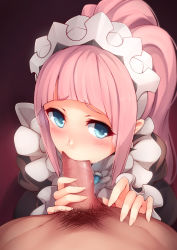 Rule 34 | 1boy, 1girl, apron, black dress, blue eyes, blunt bangs, blush, brooch, dress, erection, eye contact, felicia (fire emblem), fellatio, fire emblem, fire emblem fates, gem, gradient background, hetero, highres, jewelry, long hair, long sleeves, looking at another, looking at viewer, lower body, maid, maid apron, maid headdress, male pubic hair, nintendo, open \m/, oral, penis, pink hair, ponytail, pov, pov crotch, pubic hair, red background, ricegnat, saliva, simple background, solo focus, sweatdrop, tareme, uncensored, upper body
