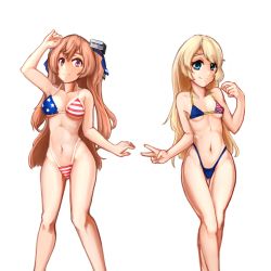 Rule 34 | 2girls, american flag, american flag bikini, american flag print, bikini, blonde hair, blue bikini, blue eyes, blue ribbon, breasts, castyx, collarbone, feet out of frame, flag print, hair ornament, hair ribbon, highleg, highleg bikini, highleg swimsuit, highres, jervis (kancolle), johnston (kancolle), kantai collection, light brown hair, long hair, looking at viewer, medium breasts, micro bikini, multiple girls, navel, print bikini, red eyes, ribbon, simple background, small breasts, smile, standing, swimsuit, thigh gap, two side up, union jack, v, white background