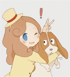 Rule 34 | !, 1girl, :d, animal, animal hug, ayu (mog), blue eyes, blush stickers, bright pupils, brown hair, bunny ears prank, dog, fingernails, grey background, hairband, hand up, hat, katrielle layton, layton&#039;s mystery journey, mini hat, one eye closed, open mouth, professor layton, sharo, sherl, signature, simple background, smile, solo, top hat