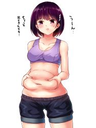 Rule 34 | 1girl, ayakashi triangle, belly grab, frown, gluteal fold, hair ornament, highres, image sample, kanade suzu, nffijodtugtslfy, purple eyes, purple hair, shorts, solo, sports bra, squeezing, sweatdrop, translation request, twitter sample, weight conscious