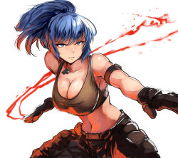 Rule 34 | 1girl, attack, bad id, bad pixiv id, bare shoulders, belko, belt, black gloves, blood, blue eyes, blue hair, breasts, cleavage, closed mouth, commentary request, cowboy shot, dog tags, frown, gloves, highres, large breasts, legs apart, leona heidern, looking at viewer, metal slug, midriff, pants, ponytail, snk, solo, tank top, the king of fighters, whistle