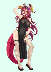 Rule 34 | 1girl, bracelet, china dress, chinese clothes, depain, dragalia lost, dress, fishnet legwear, fishnets, flower, full body, hair ornament, highres, horns, jewelry, long hair, looking at viewer, mym (dragalia lost), pasties, red hair, see-through, shoes, solo, tail, thong, yellow eyes