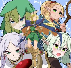 Rule 34 | 5girls, armor, artist request, blonde hair, blue background, blush, boots, breasts, cape, character request, crossover, dungeon meshi, elf, frieren, full body, goblin slayer!, green eyes, green hair, hand on own hip, high elf archer (goblin slayer!), hood, long hair, marcille donato, medium breasts, multiple girls, open mouth, pointy ears, serious, skirt, smile, source request, sousou no frieren, sword, tagme, twintails, two side up, weapon, white hair