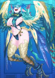 Rule 34 | 1girl, abs, absurdres, armor, bird legs, bird tail, blue hair, breasts, colored sclera, commentary, fangs, feathered wings, greaves, green eyes, green sclera, highres, hkdd99, large breasts, looking at viewer, midriff, multicolored hair, multicolored wings, navel, open mouth, original, pointy ears, solo, tail, talons, two-tone hair, winged arms, wings
